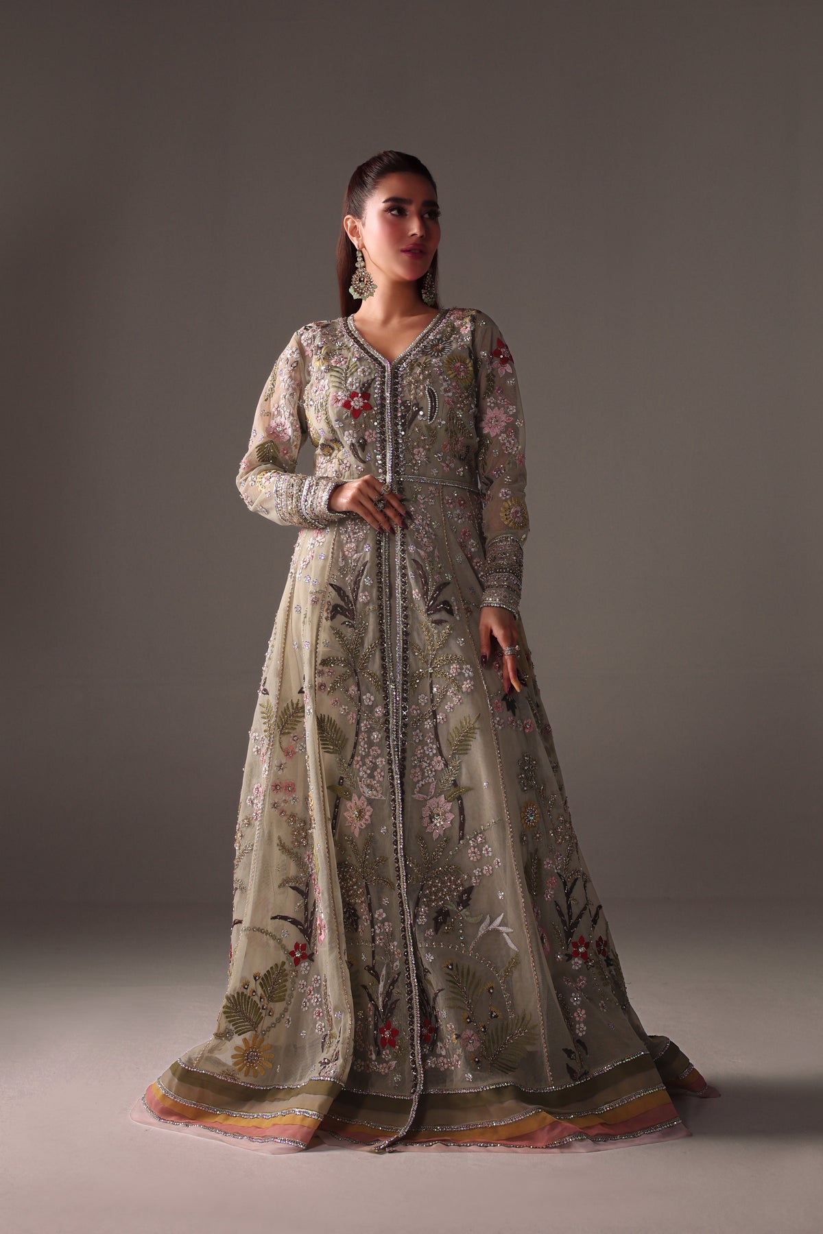 Reema Ahsan - Reva Net & Silk Jacket Dress For Women Green - 2 Piece