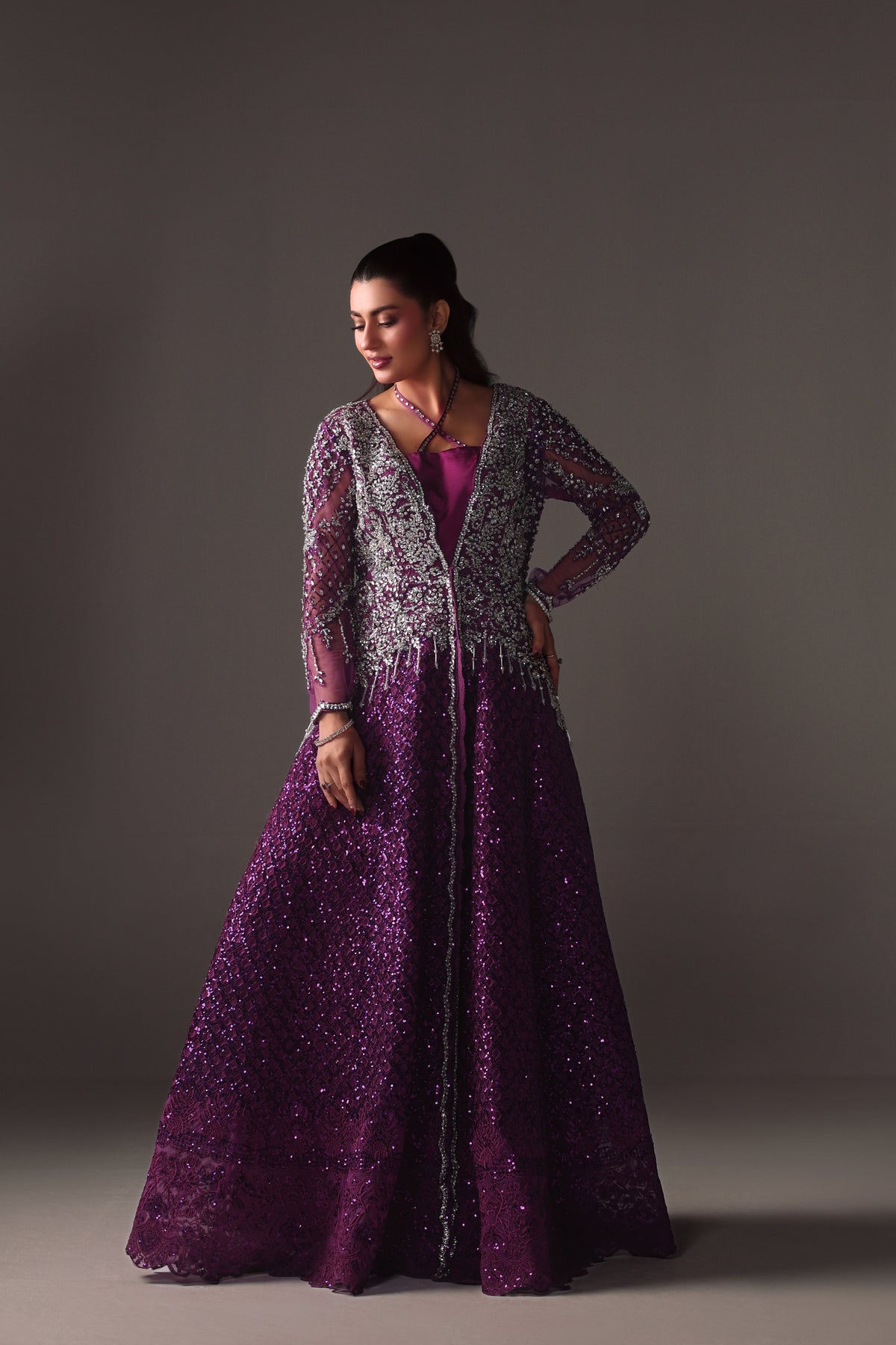 Reema Ahsan - Ava Net & Silk Jacket Dress For Women - Purple - 2 Piece