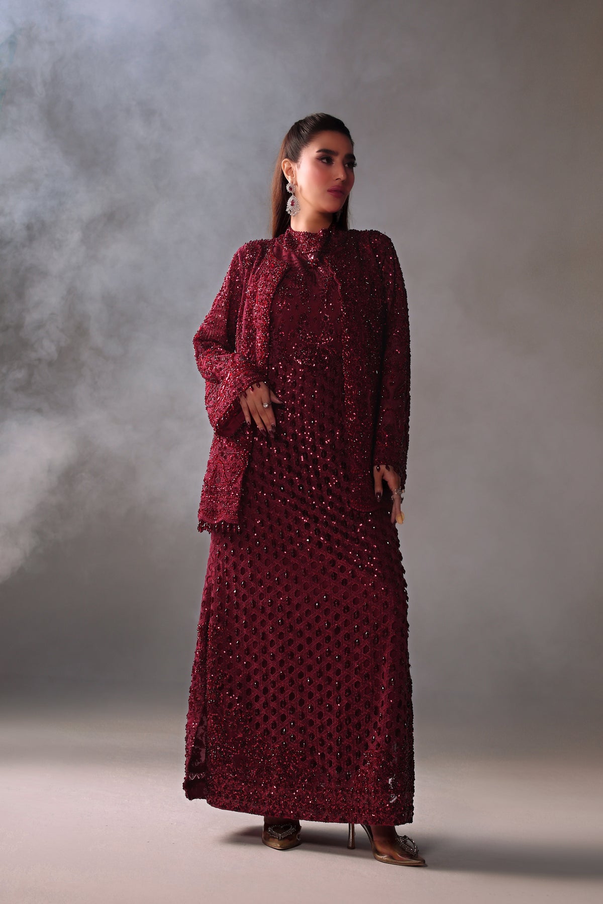 Reema Ahsan - Vira Net Jacket Dress For Women - Maroon - 2 Piece