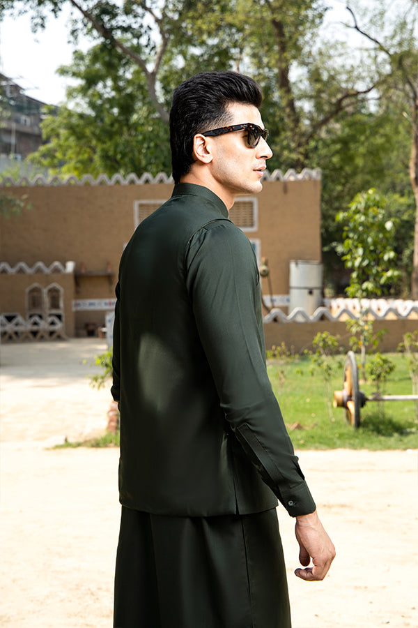 Arif Ashraf - Bottle Green Kurta Trouser with Waistcoat