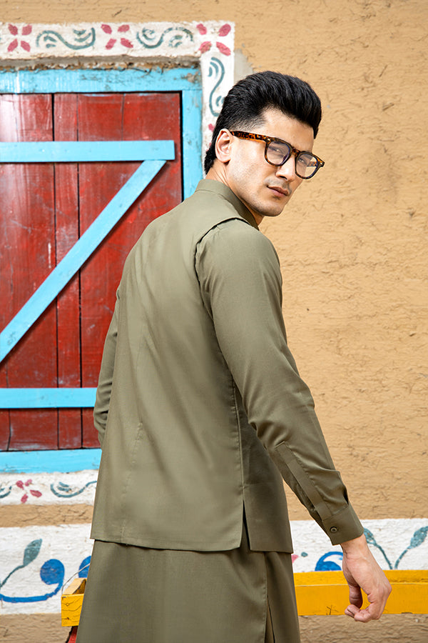 Arif Ashraf - Army Green Kurta Trouser with Waistcoat