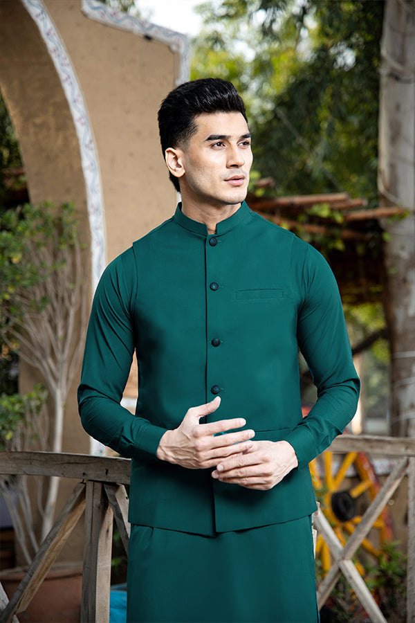 Arif Ashraf - Teal Kurta Trouser with Waistcoat
