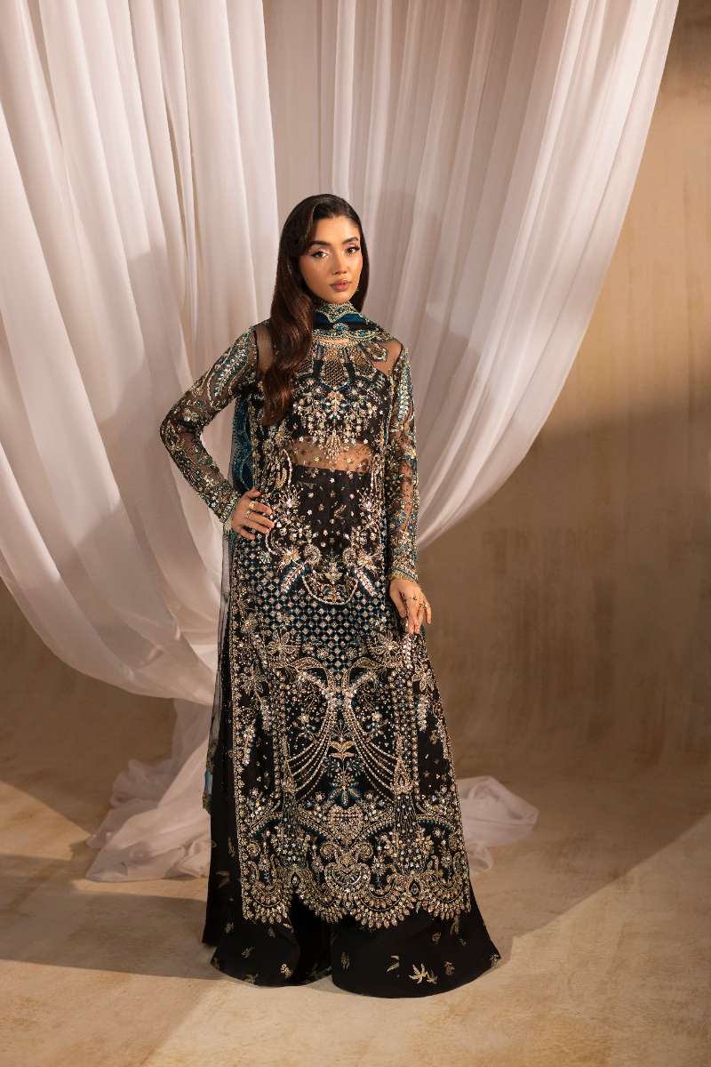 Anayra Amal - Siyah Embroidered + Hand Embellishment Net Suit For Women - Black - 3 Piece