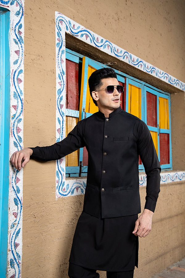 Arif Ashraf - Boski Black Kurta Trouser with Waistcoat