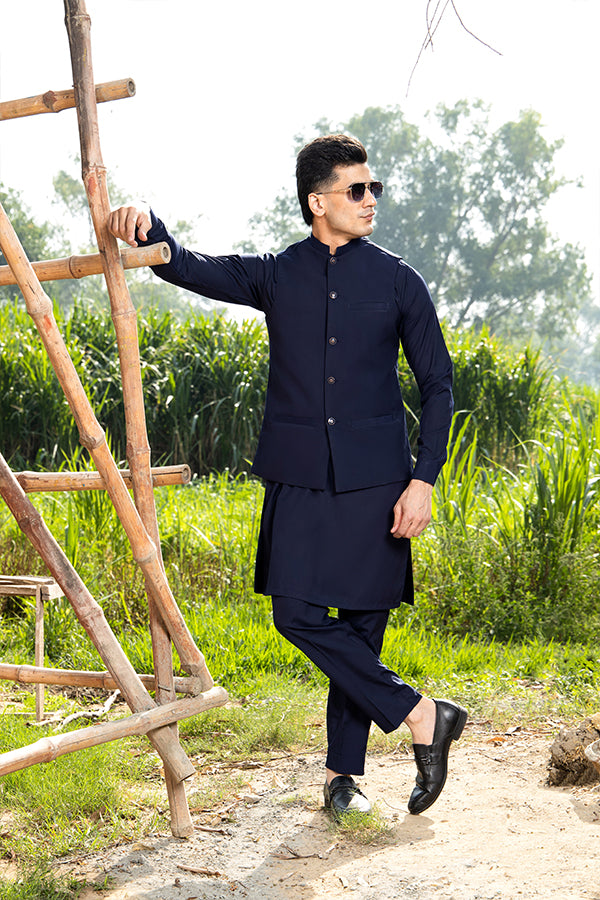 Arif Ashraf - Navy Blue Kurta Trouser with Waistcoat