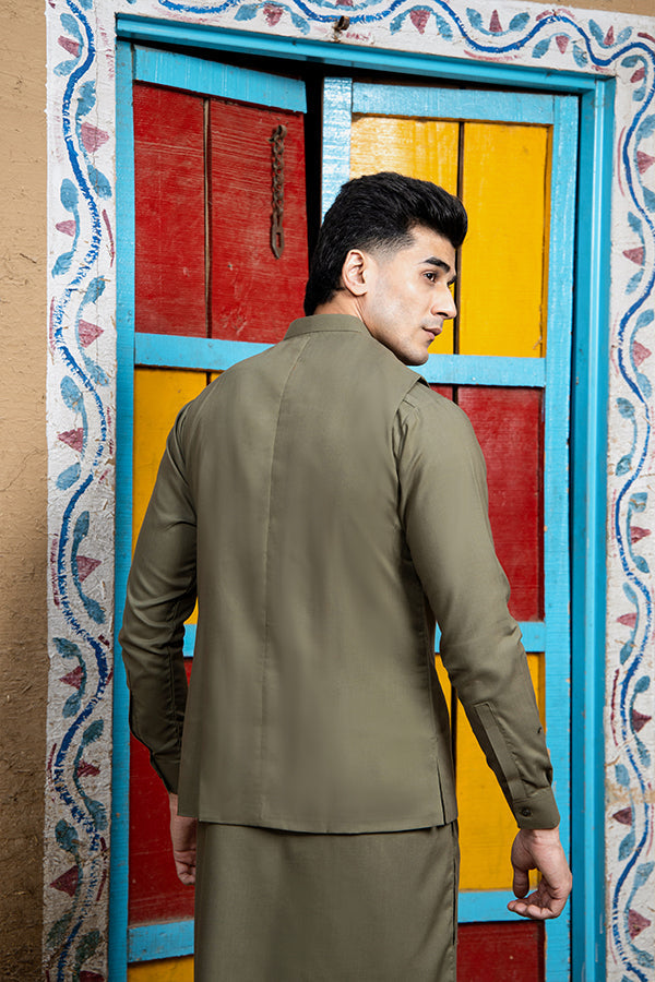 Arif Ashraf - Army Green Kurta Shalwar with Waistcoat