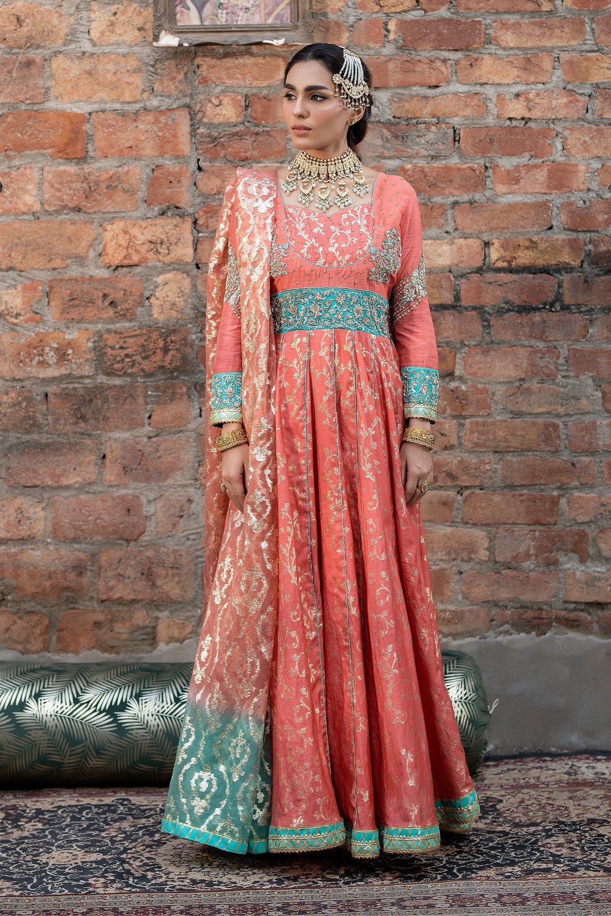 Syah - Malaika - Raw Silk/Jamawar - Peach/Turquoise - 3 Piece