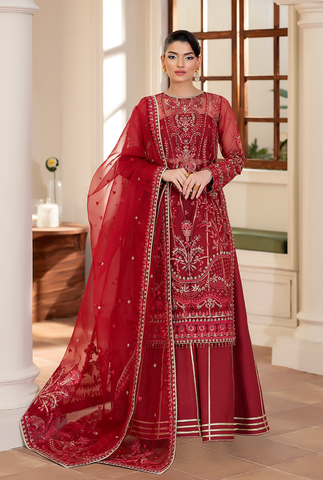 Yashfa Studio - Banuksha Organza Suit For Women - Deep Red - 3 Piece