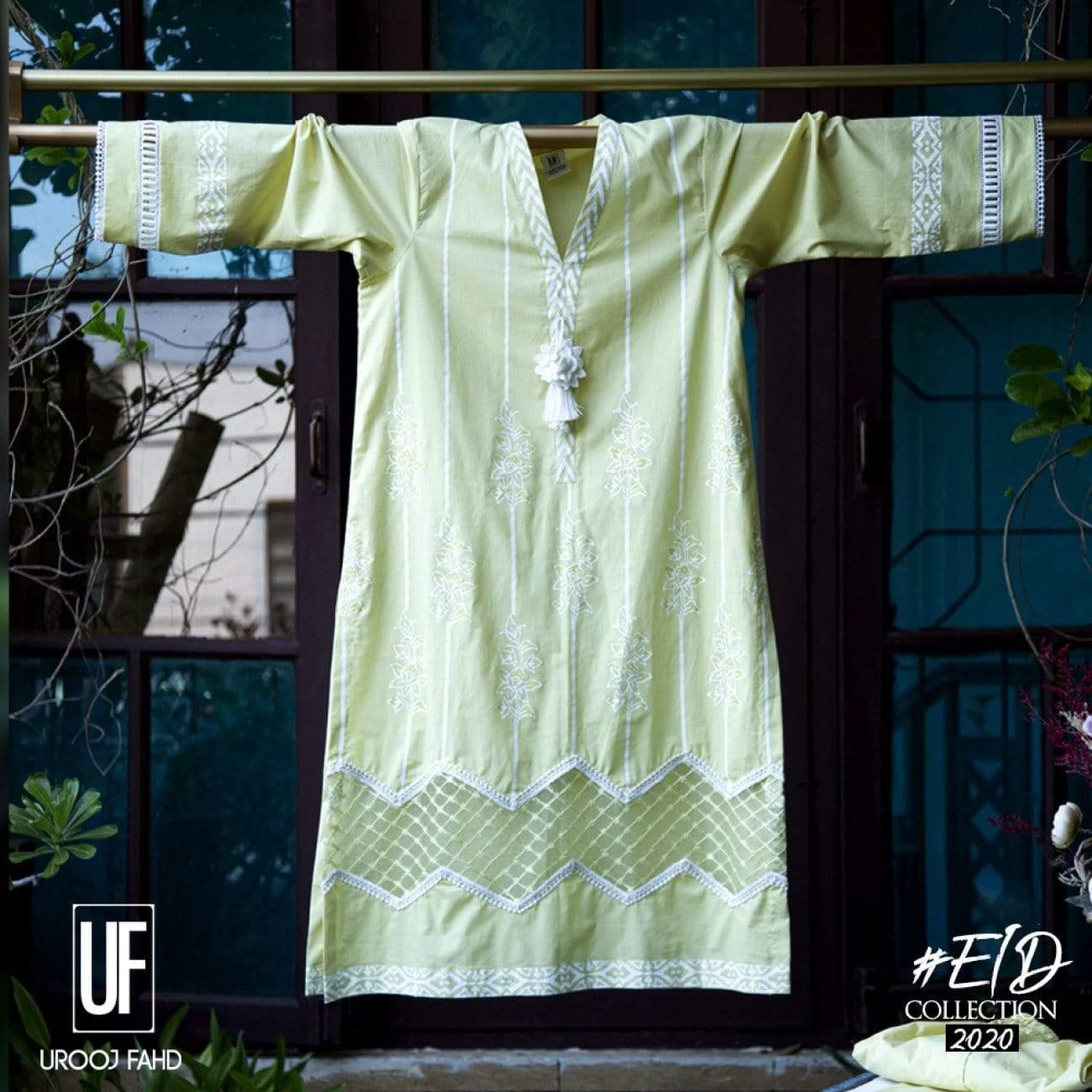 Urooj Fahd - Block Printed Lime Yellow - 3 PC