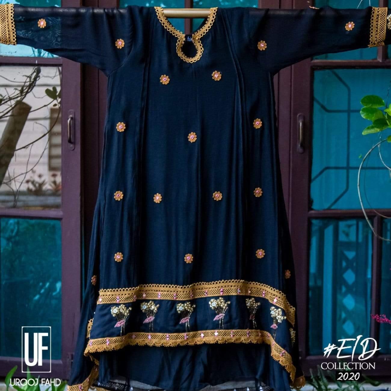 Urooj Fahd - Cotton Net Black & Mustard High Low - 3 PC