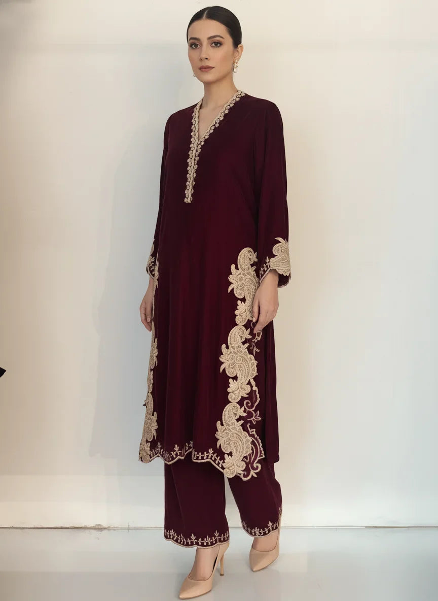 Shehrnaz - Solara Burgundy Velvet Suit For Women - 2 Piece