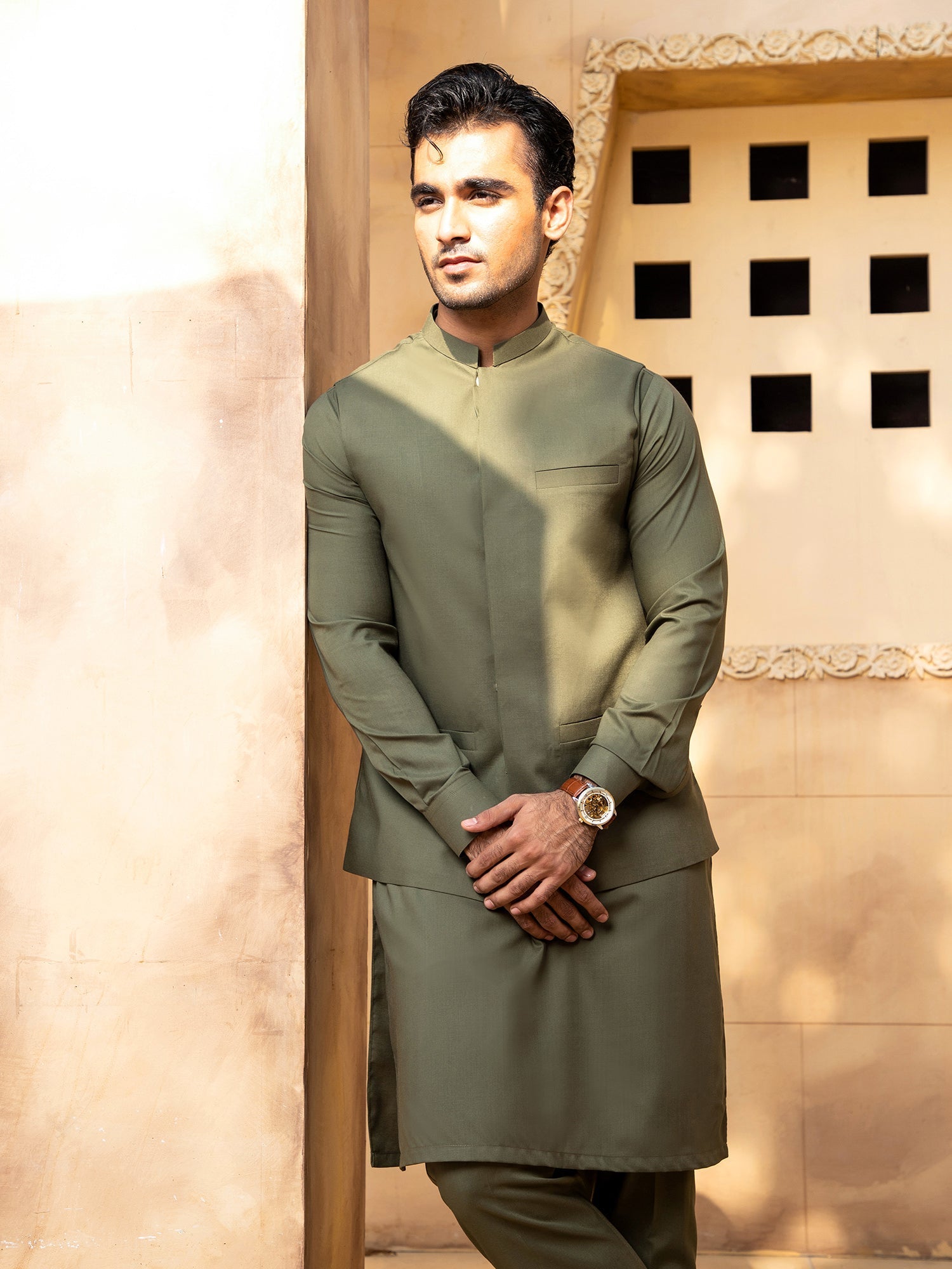 Shahjahan - Army Green Kurta Trouser With Waistcoat - 3 Piece