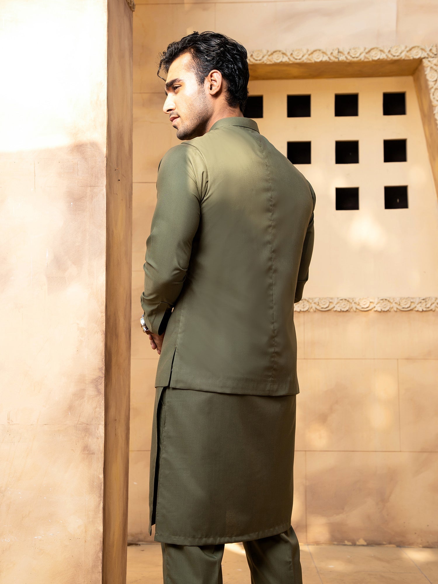 Shahjahan - Army Green Kurta Trouser With Waistcoat - 3 Piece