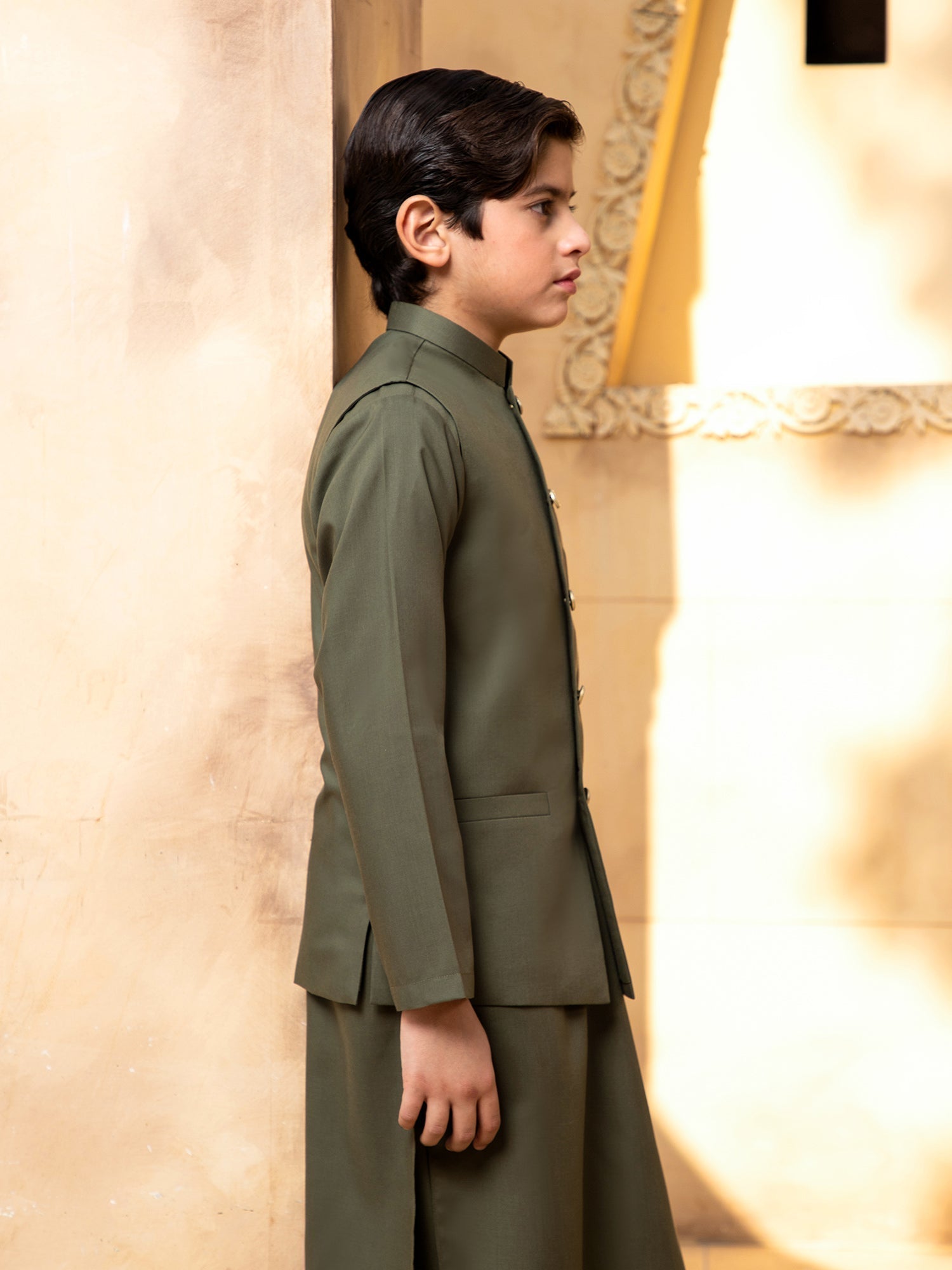 Shahjahan - Army Green Kurta Trouser with Waistcoat - 3 Piece