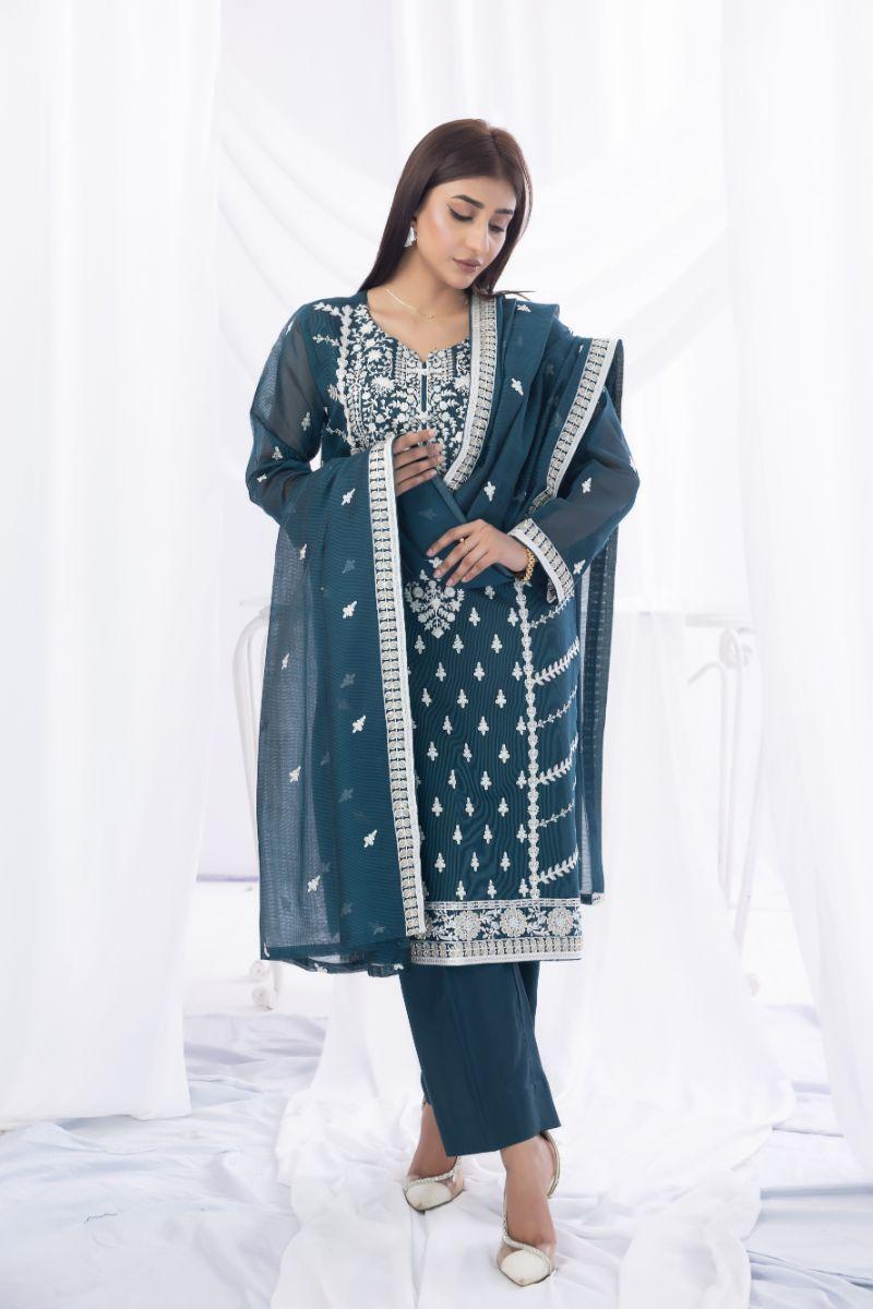 Sadia Aamir - Sabaat - Teal - Khaddi Net - 3 Piece