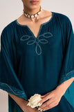 Cross Stitch - Stardust Drape Embroidered Velvet Kaftan For Women - Teal - 1 Piece