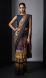 Maheen Khan - Ikat Print Blended Chiffon Sari For Women - Maroon/Ochre/Grey - 1 Piece