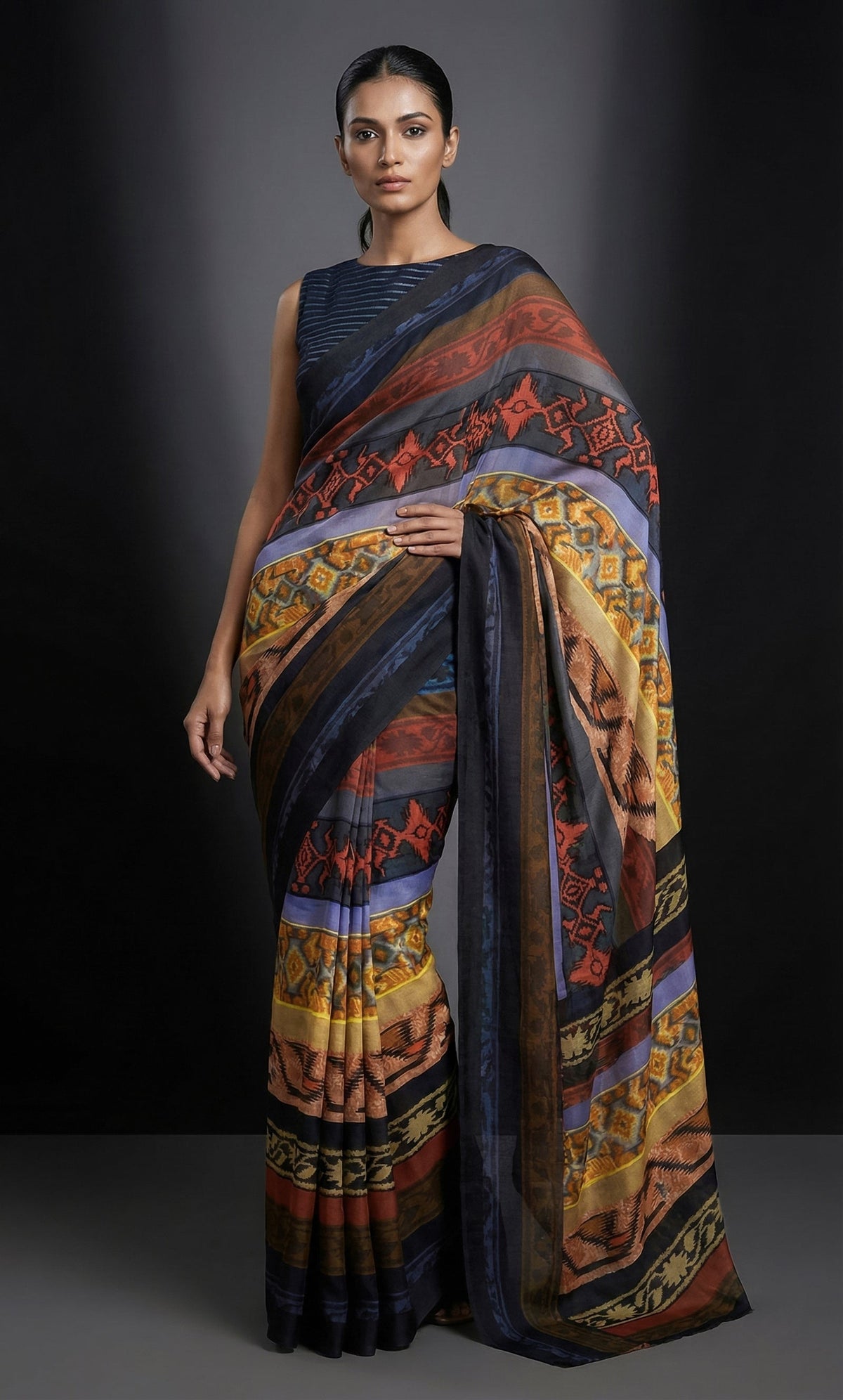 Maheen Khan - Ikat Print Blended Chiffon Sari For Women - Maroon/Ochre/Grey - 1 Piece