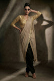 Maheen Khan - Drawstring Blended Chiffon V Neck Blouse For Women - Gold - 1 Piece