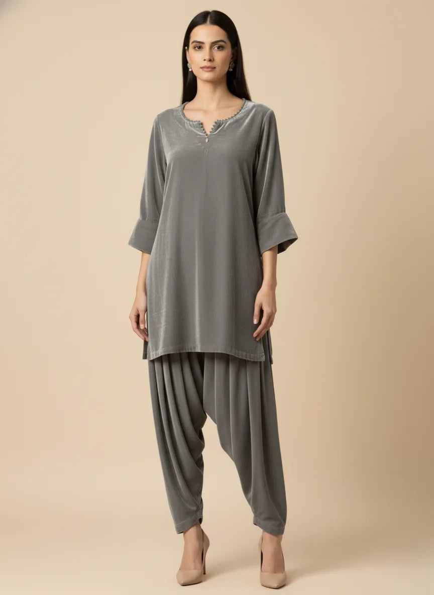 Shehrnaz - Seraph Grey Velvet Suit For Women - 3 Piece