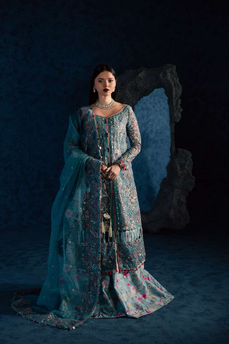 Maria Osama Khan - Neelum Ice Blue Organza / Raw Silk Suit For Women - 4 Piece