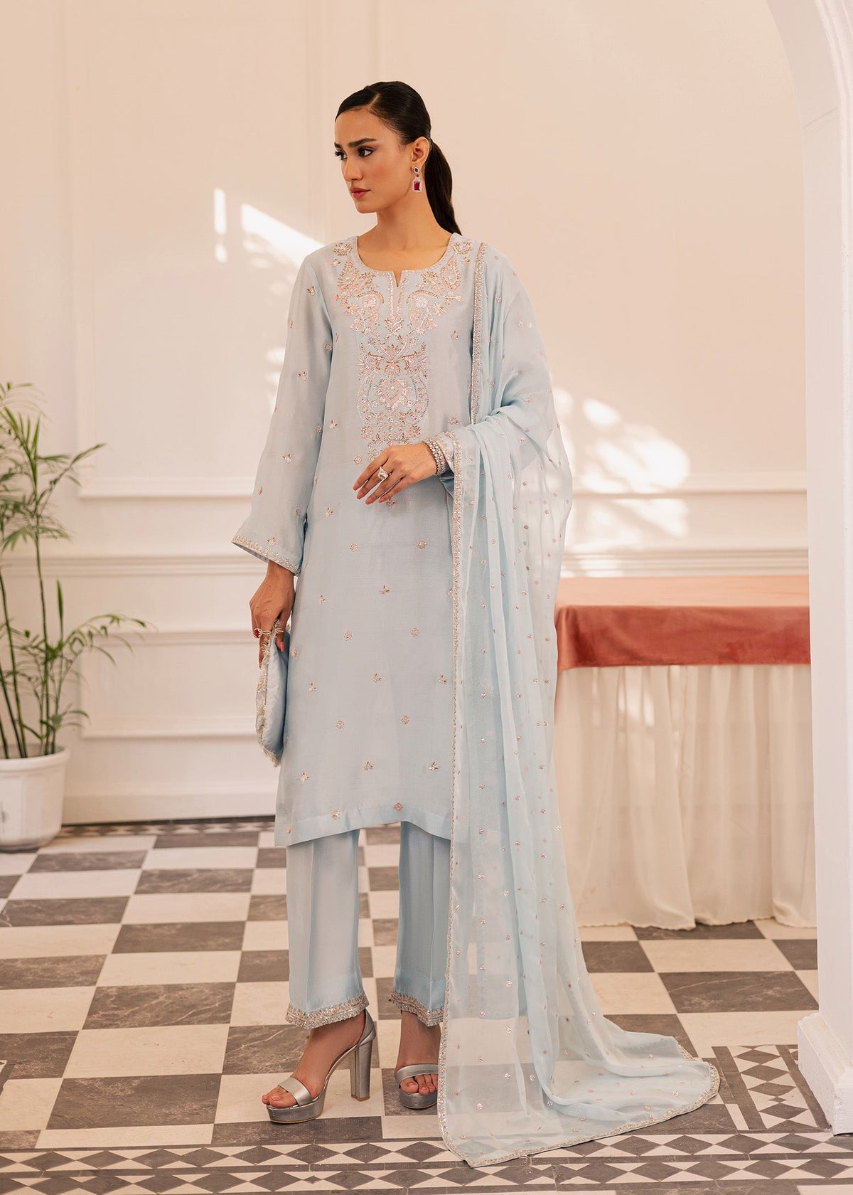 Allure By Ih - Arona Thai Silk Suit For Women - Ice Blue - 3 Piece