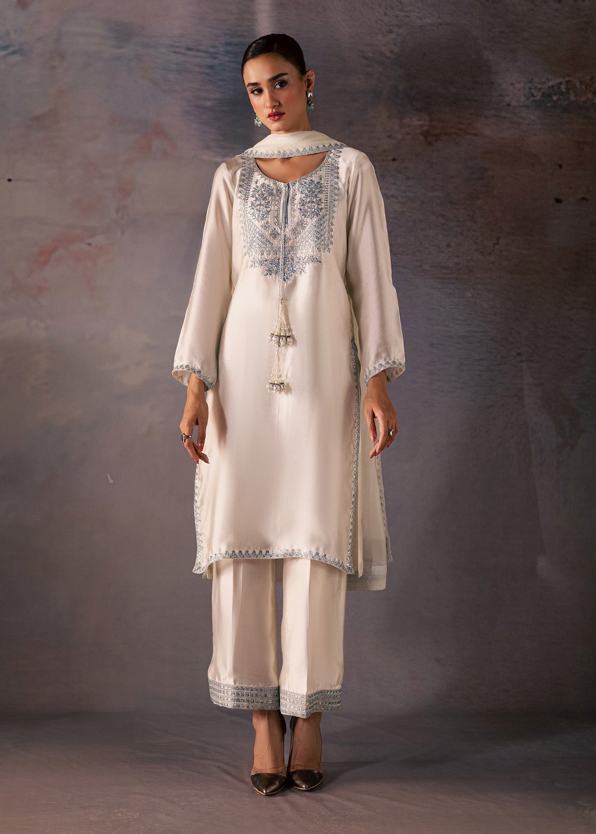 Allure By Ih - Silence Thai Silk Suit For Women - Dusty White - 3 Piece