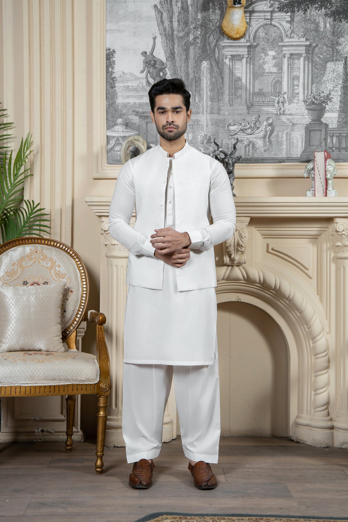 Shahjahan - Boski Offwhite Kurta Shalwar with Waistcoat For Men