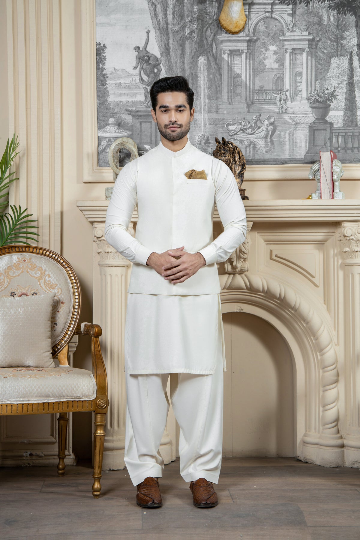 Shahjahan - Boski Cream Kurta Shalwar with waistcoat For Men