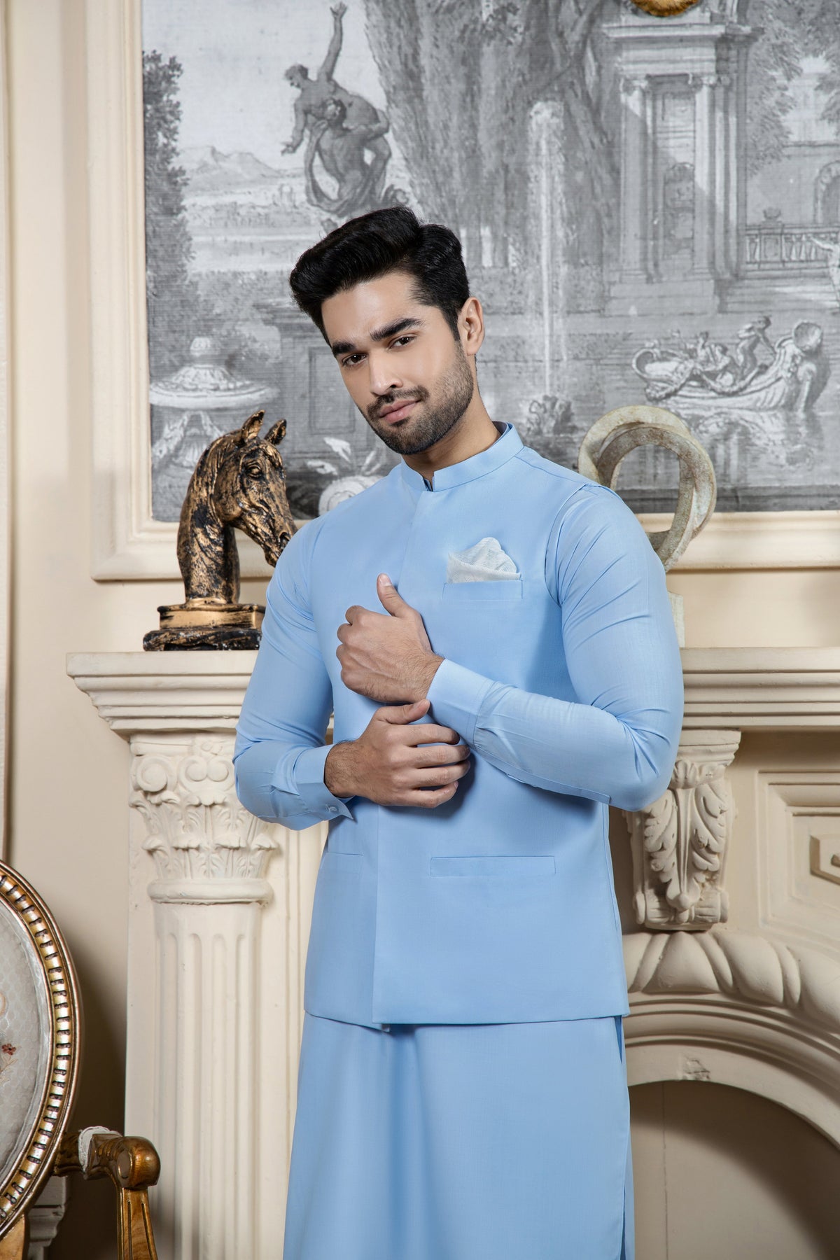 Shahjahan Sky Blue Kurta Trouser with Suiting Waistcoat 3 Piece Suit