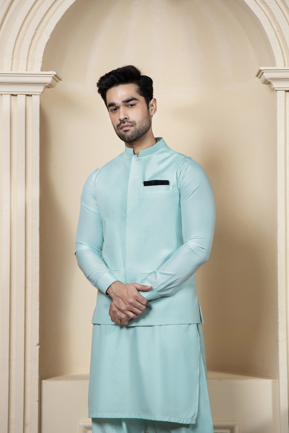 Shahjahan Aquamarine Kurta Shalwar with Waistcoat 3 Piece Suit