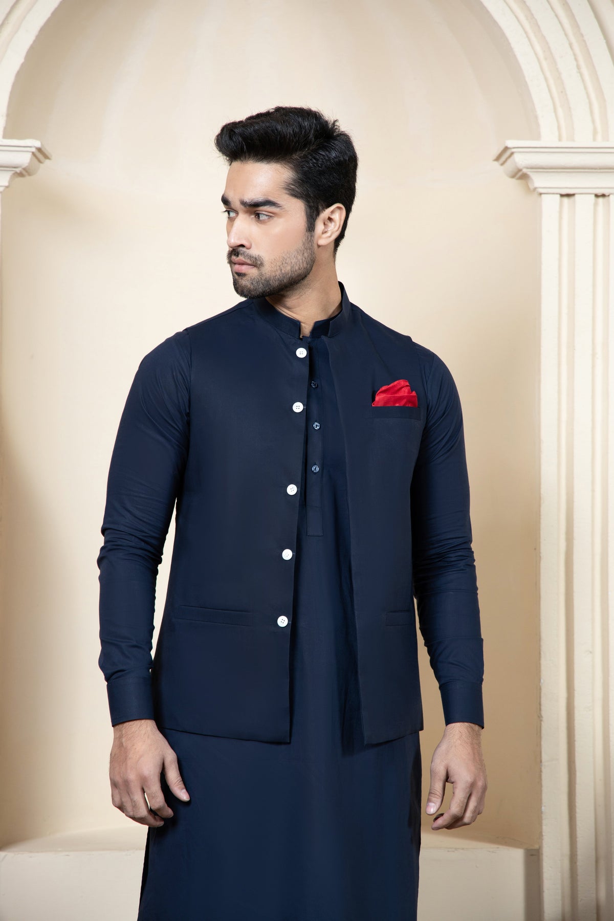 Shahjahan Navy Blue Soft Cotton Kurta Shalwar with waistcoat 3 Piece Suit