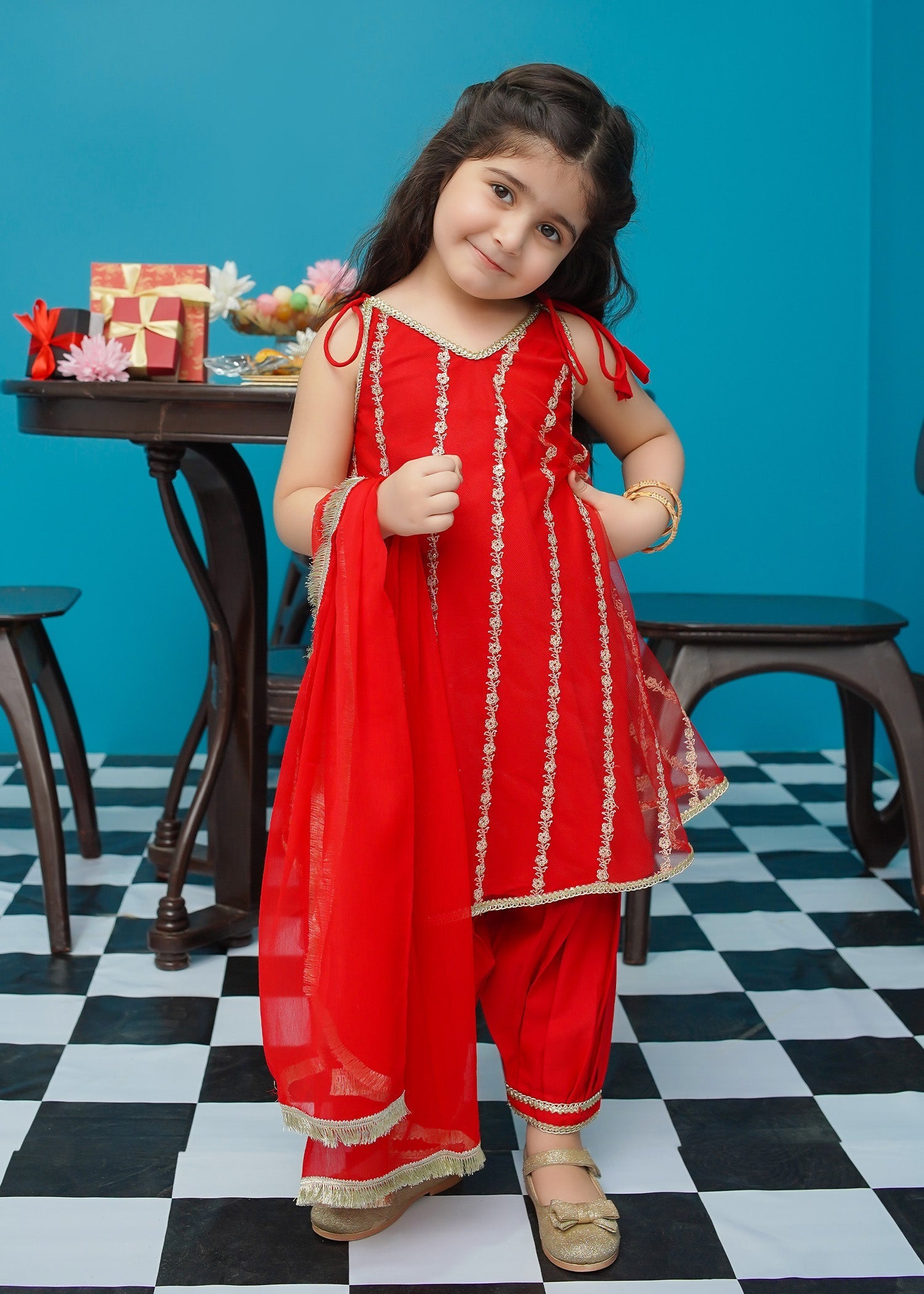 Modest - Gulabo - Net - Red - 3 Piece