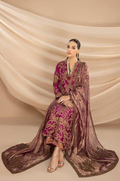 Nilofer Shahid - Magenta Embellished Tissue Organza Shirt with Khimkhaab Pants & Tissue Dupatta - 3 Piece - Studio by TCS