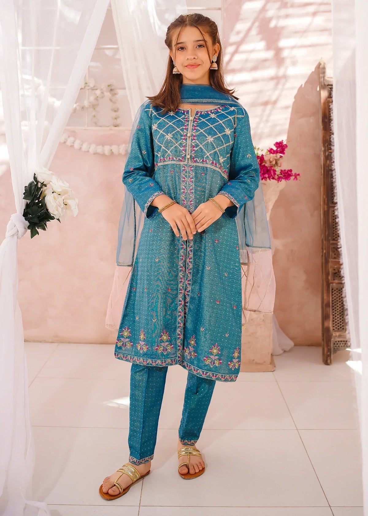Modest - Cotton Lawn Embroidered Suit For Girl - Blue - 3 Piece