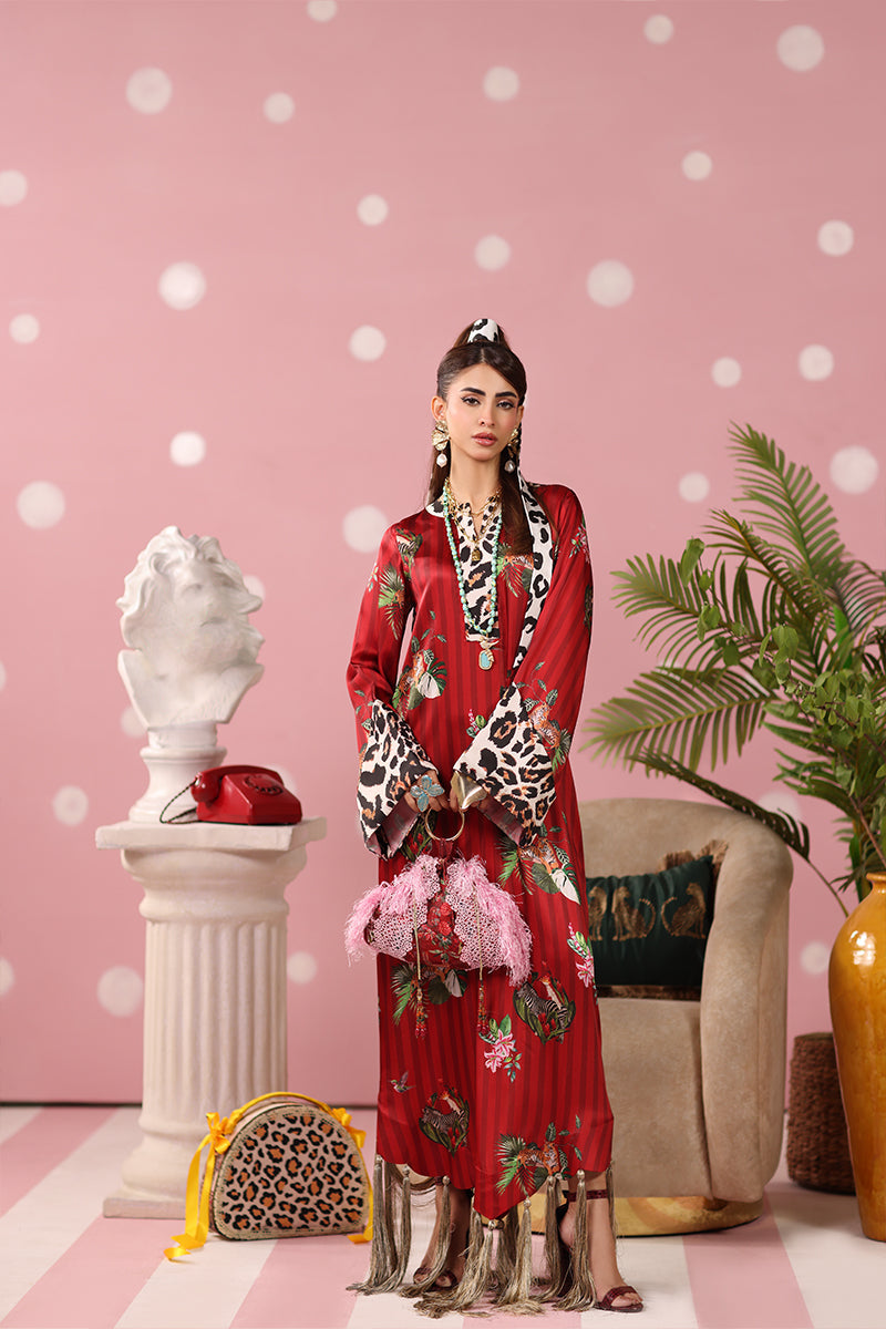 Musferah Saad - Ruby Safari Printed Silk Kaftaan For Women - 2 piece