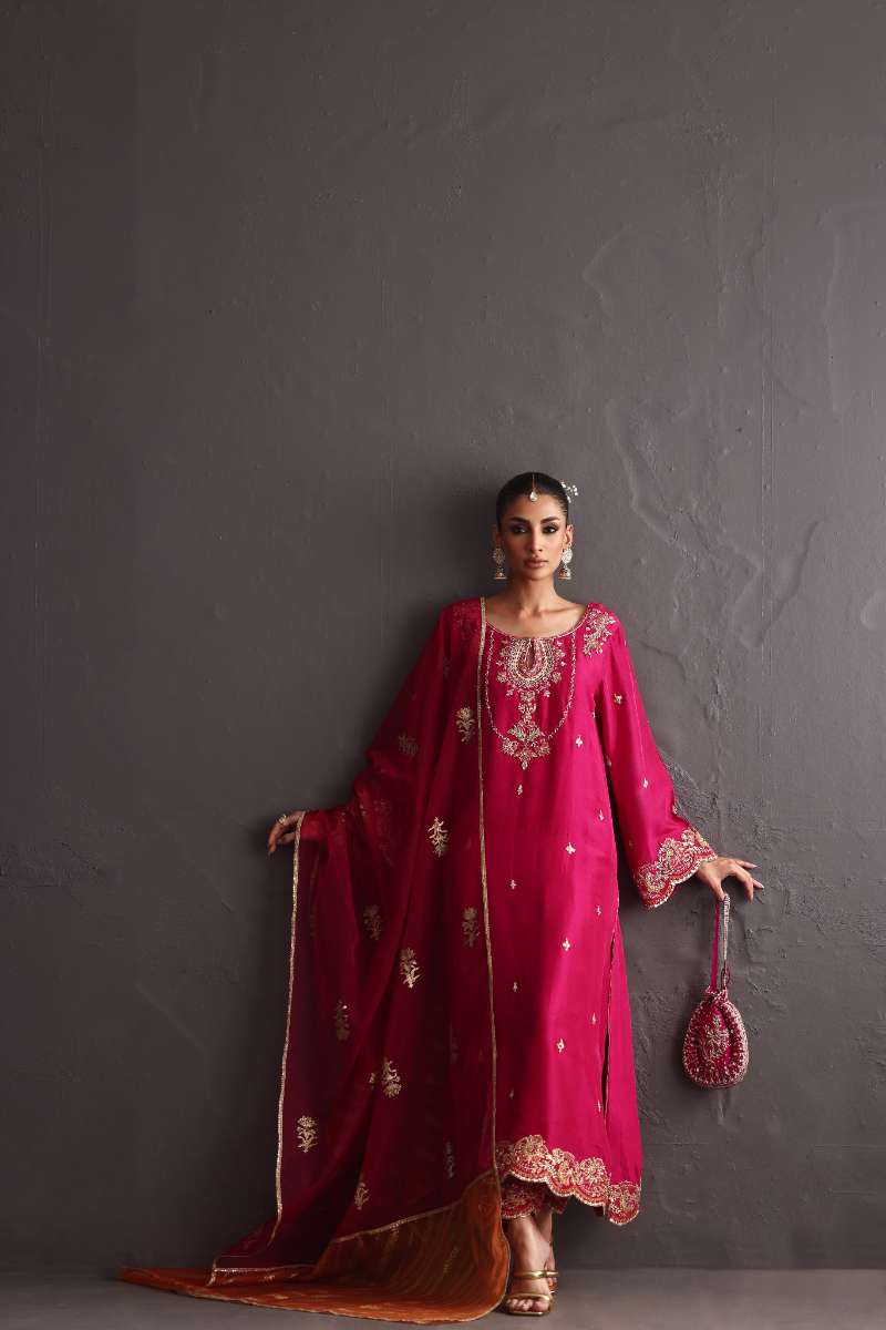 Deepak Perwani - Chiffon & Pure Raw Silk Formal Suit For Women - 3 Piece