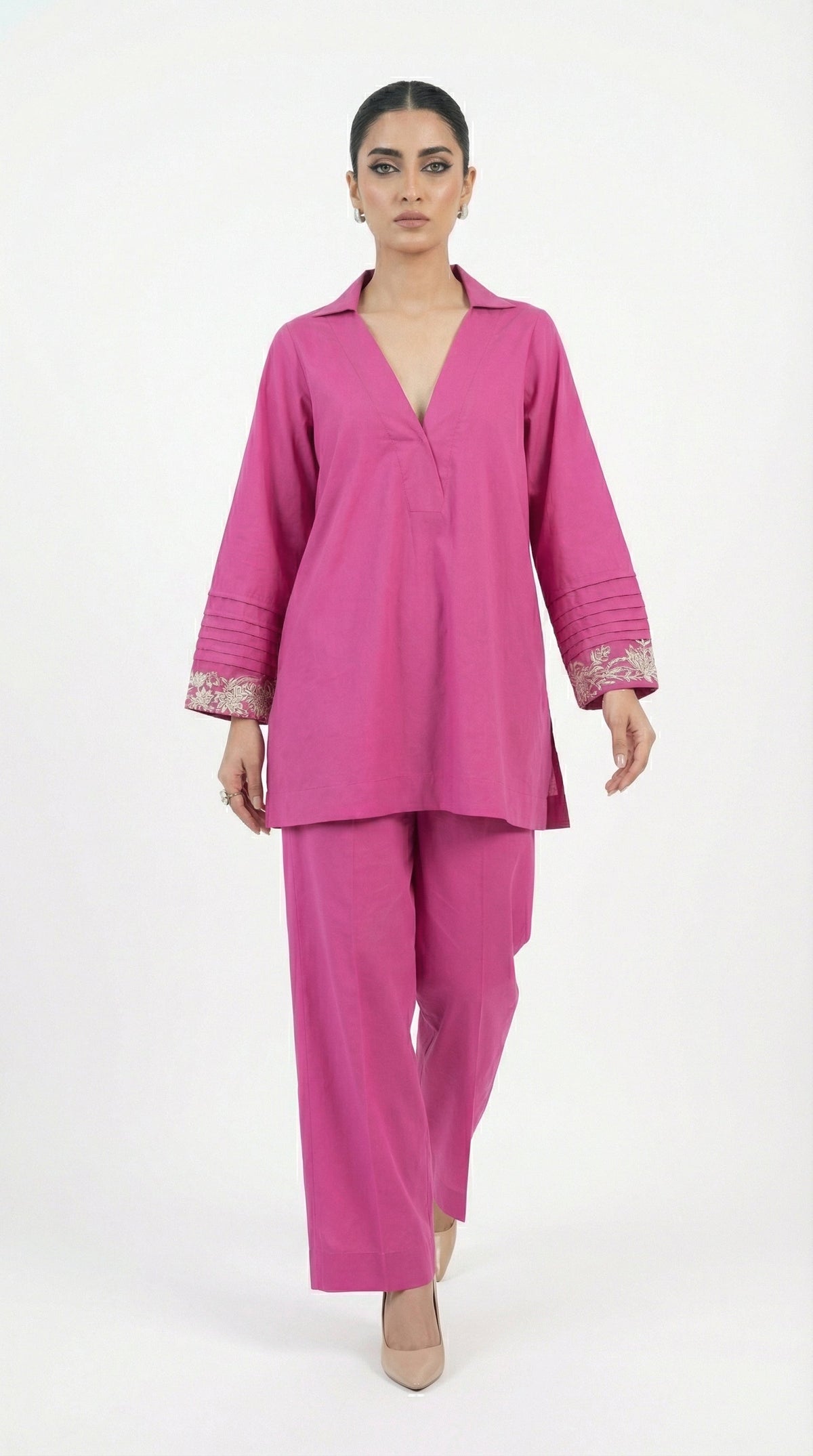 Reema Ahsan - Vaya Cotton Suit For Women - Shocking Pink and Skin - 2 Piece