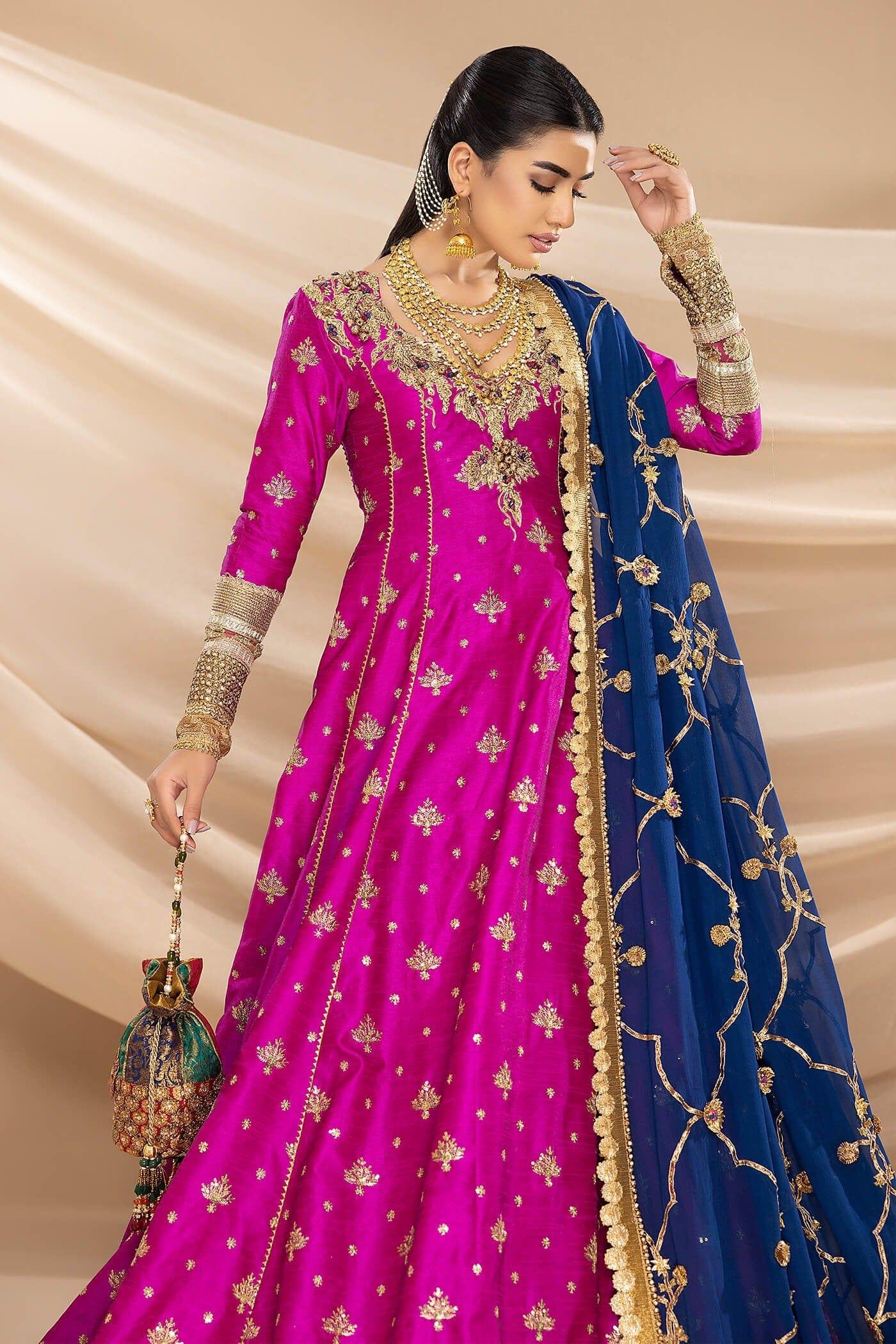 Nilofer Shahid - Indian Raw Silk Embellished Peshwas with Pure Chiffon Persian Blue Dupatta - 2 Piece - Studio by TCS