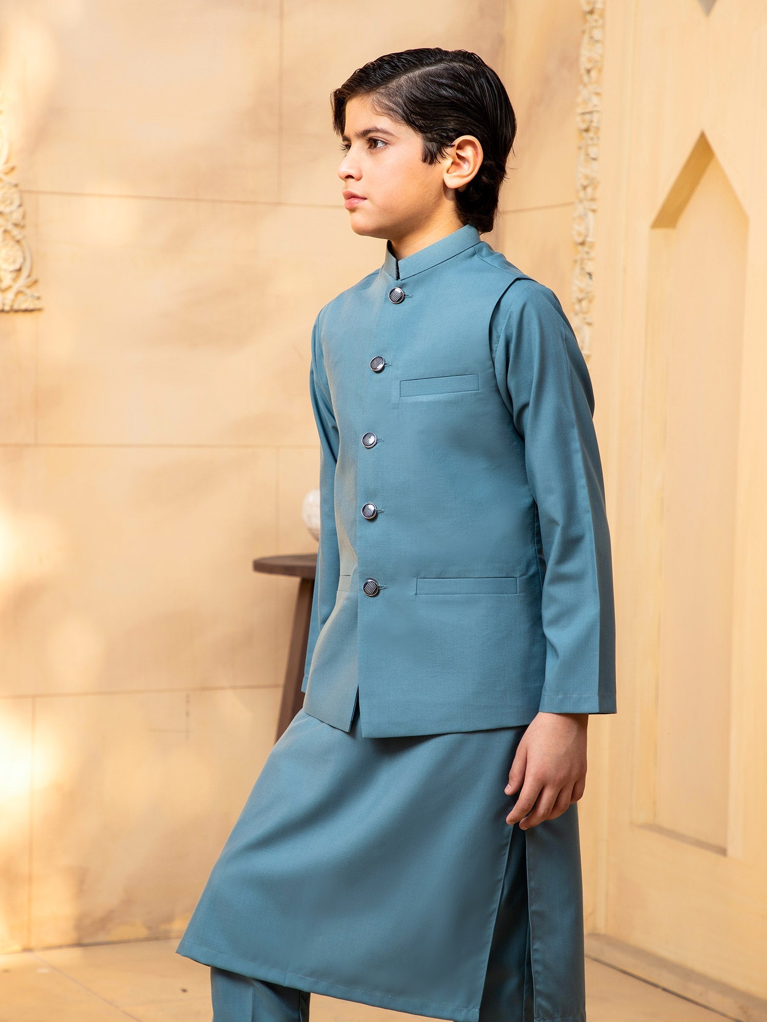 Shahjahan - Pacific Blue Kurta Trouser with Waistcoat - 3 Piece