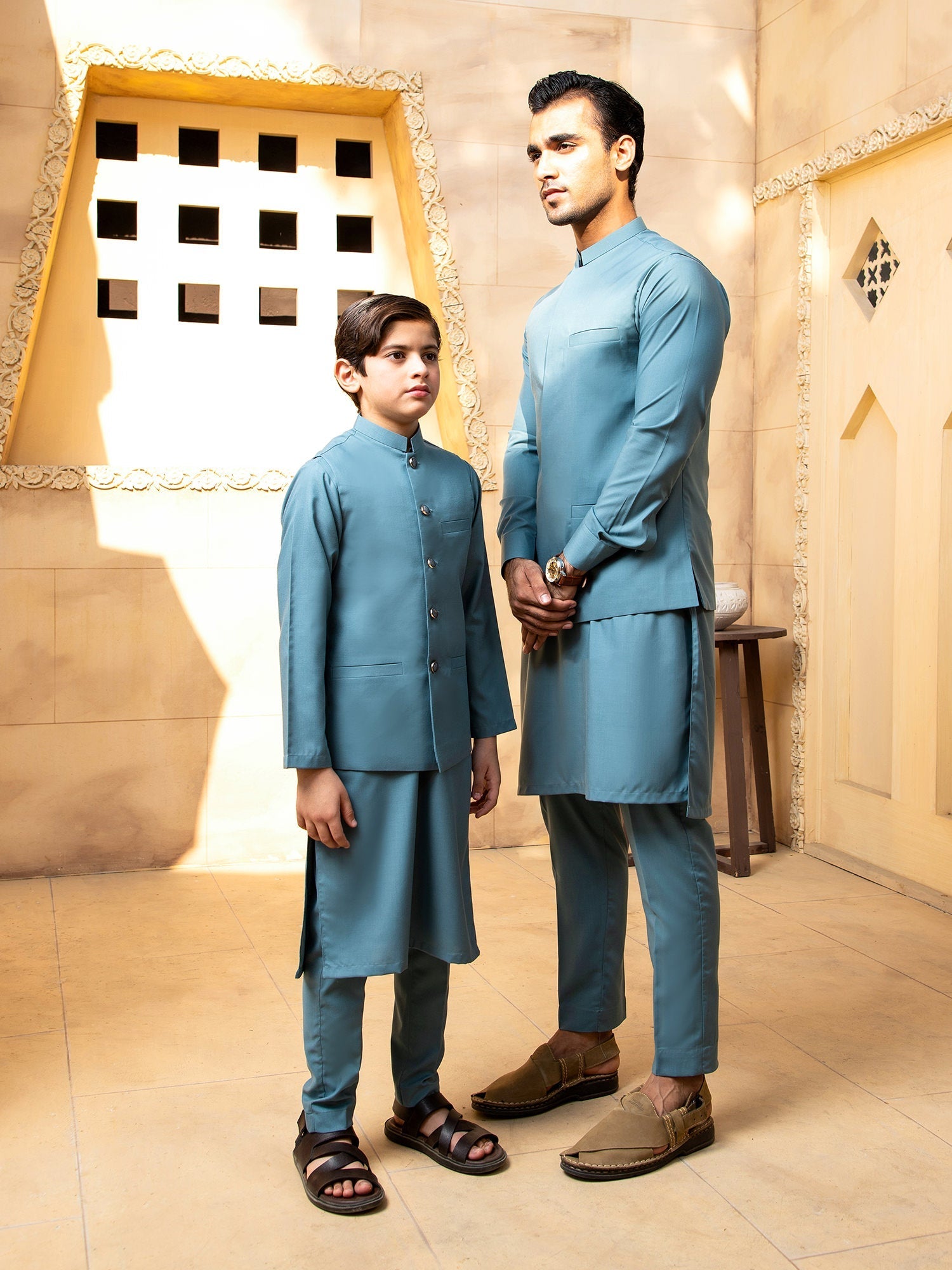 Shahjahan - Pacific Blue Kurta Trouser with Waistcoat - 3 Piece