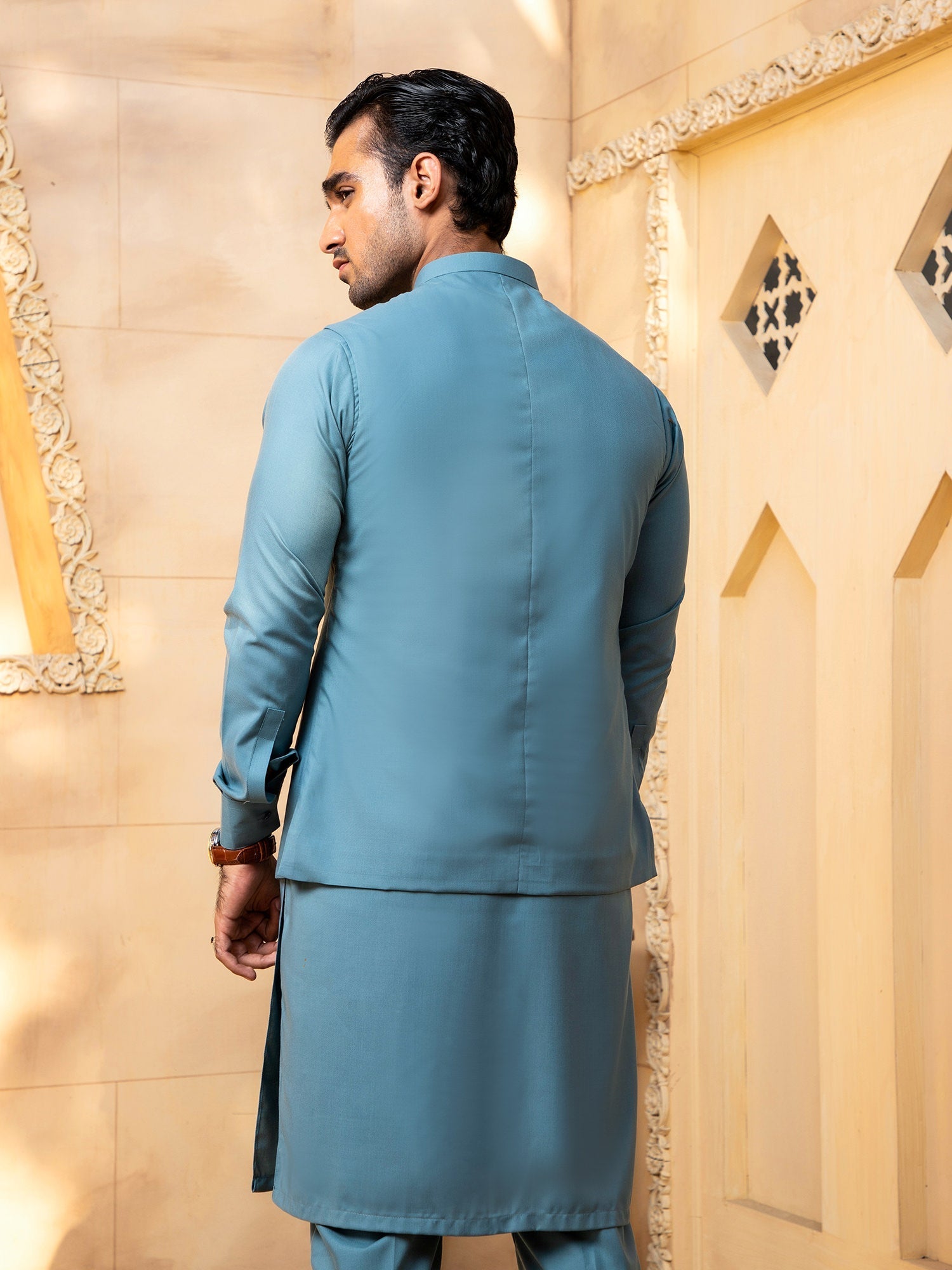 Shahjahan - Pacific Blue Kurta Trouser With Waistcoat - 3 Piece