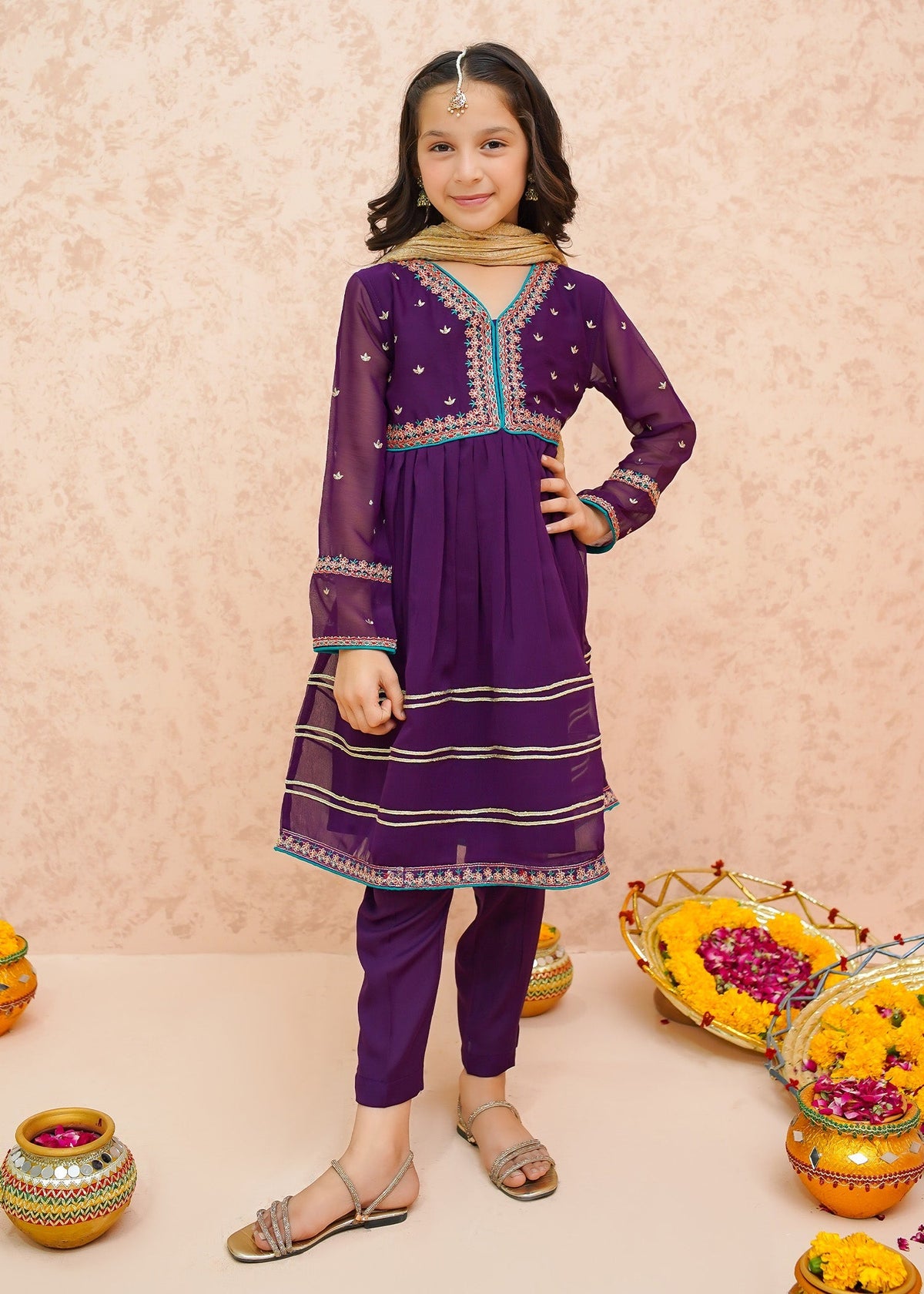 Modest - Festive Chiffon Purple Outfit  | 9075 - Girls 3 Piece Suit - Chiffon