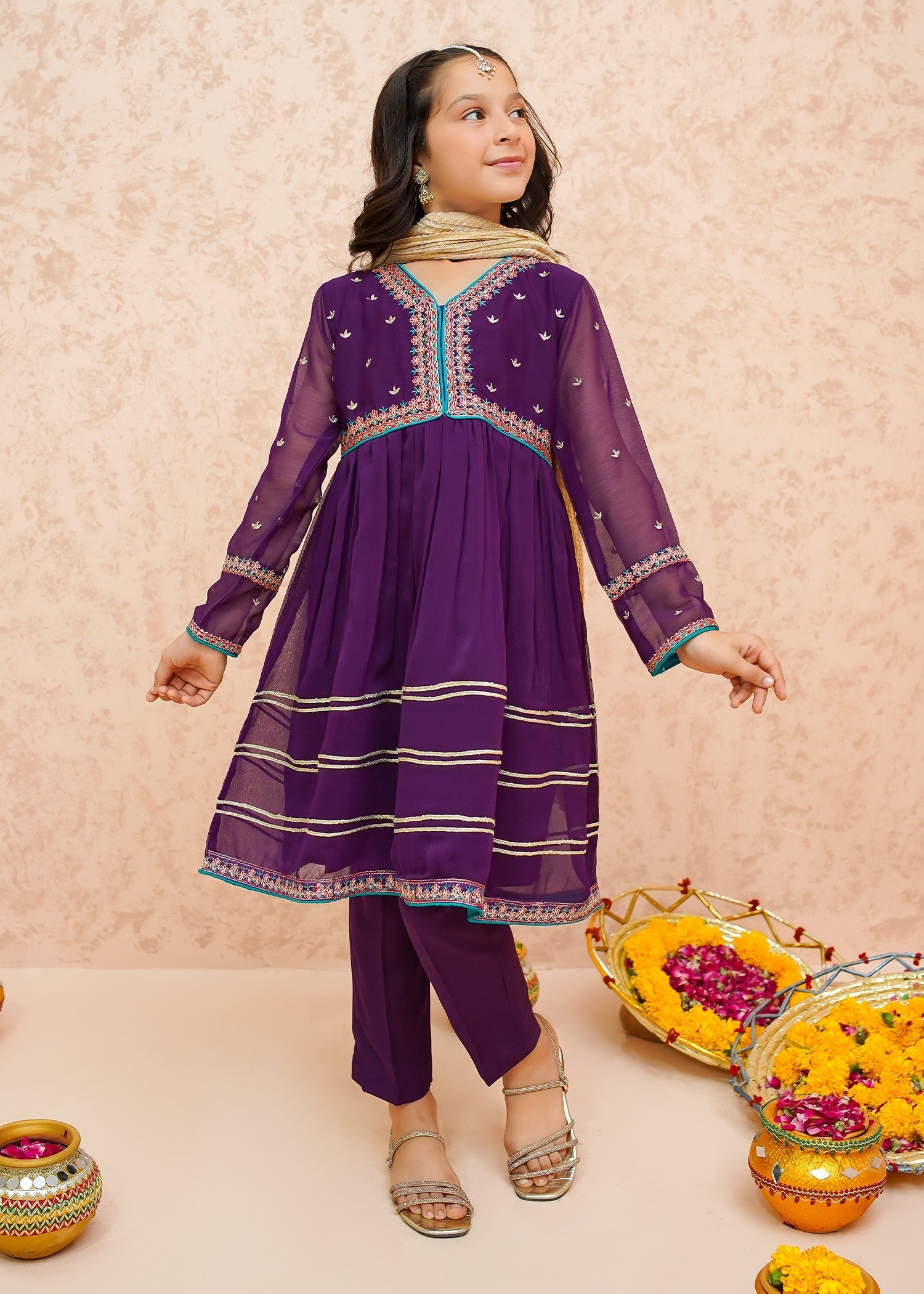 Modest - Festive Chiffon Purple Outfit  | 9075 - Girls 3 Piece Suit - Chiffon
