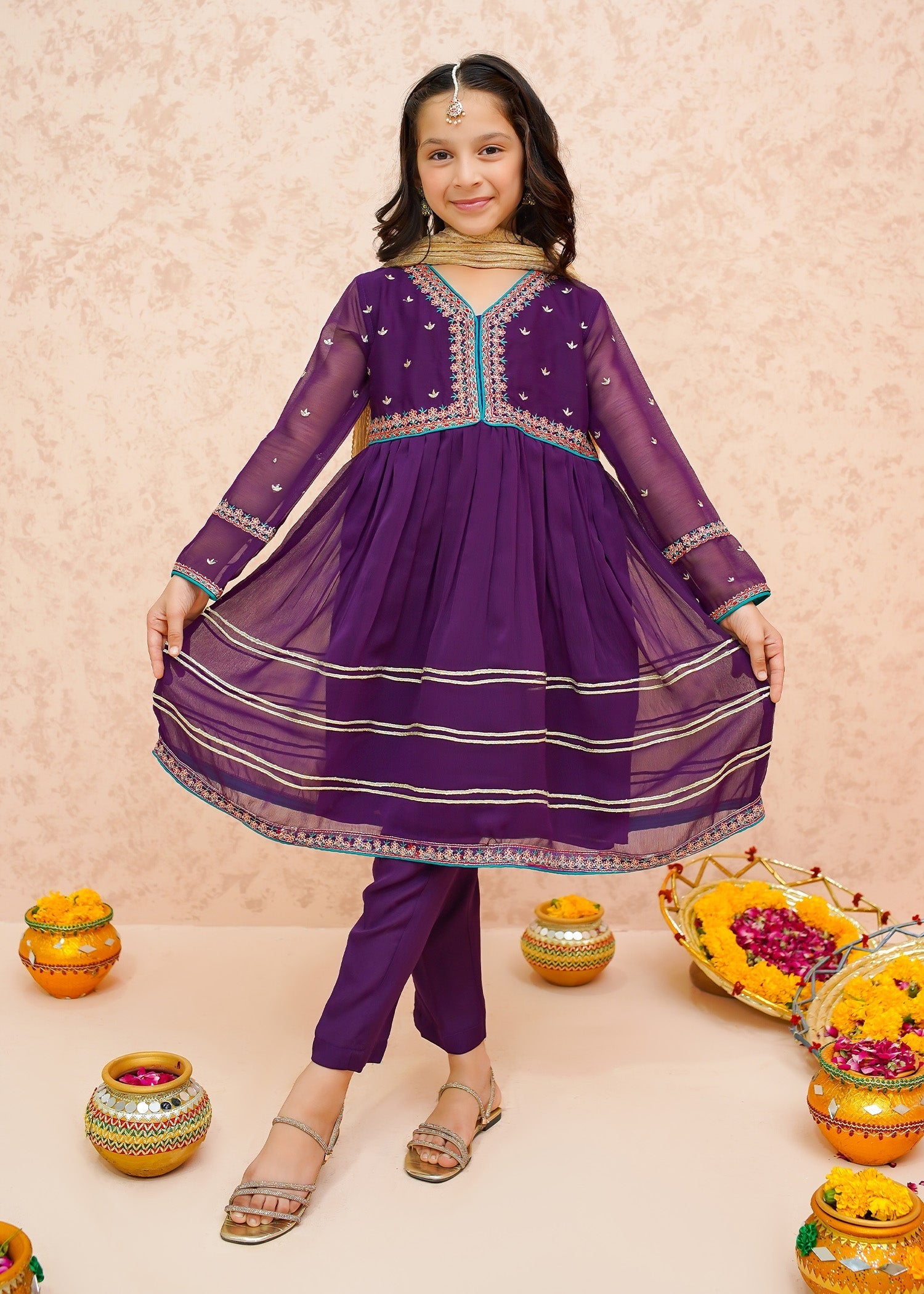 Modest - Festive Chiffon Purple Outfit  | 9075 - Girls 3 Piece Suit - Chiffon