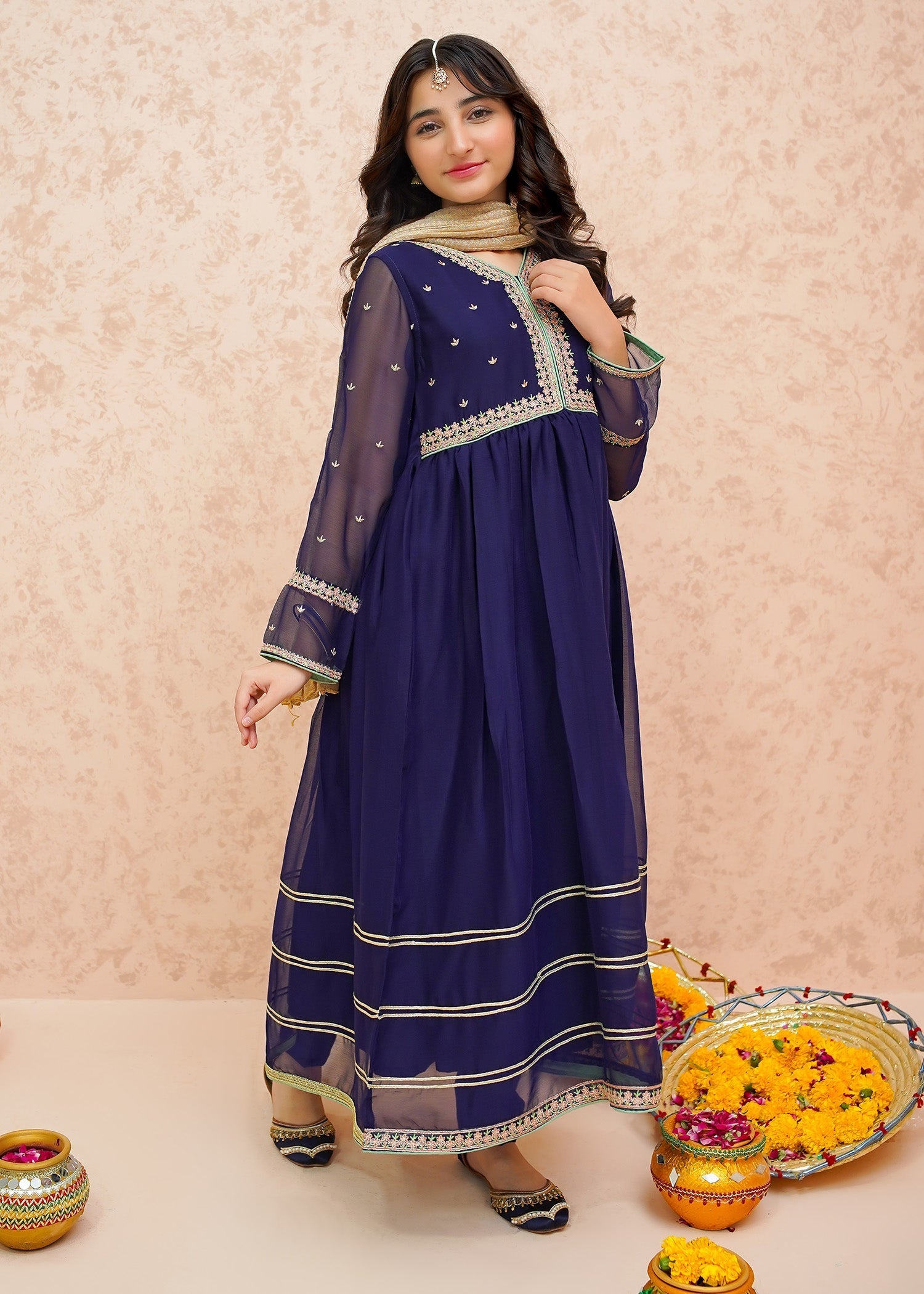 Modest - Festive Chiffon Blue Outfit  | 9075 - Girls 3 Piece Suit - Chiffon
