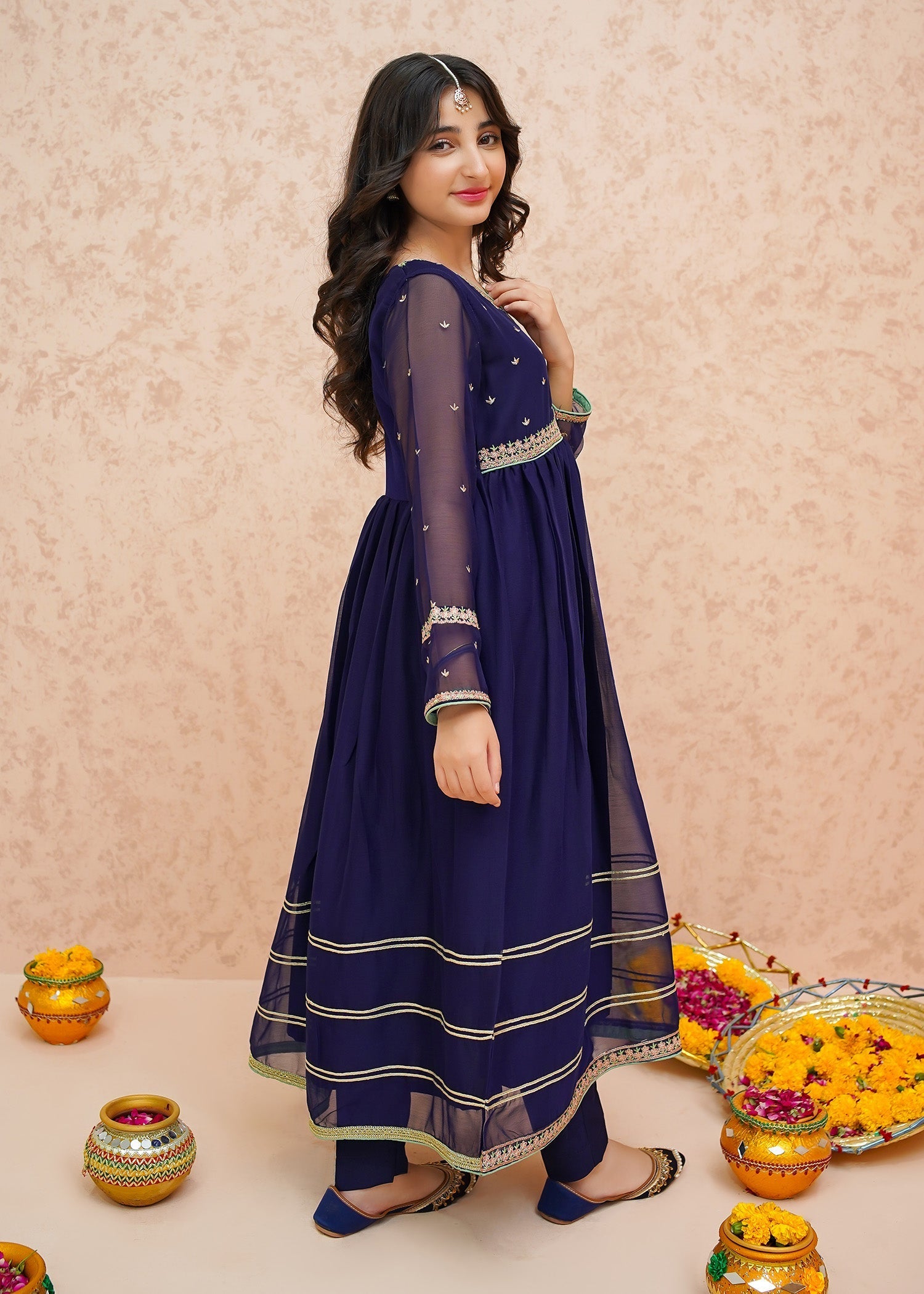 Modest - Festive Chiffon Blue Outfit  | 9075 - Girls 3 Piece Suit - Chiffon