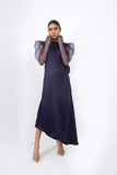 Syah - Organza Puffed Sleeves Dress - Navy Blue - Silk - 1 Piece