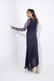 Syah - Organza Puffed Sleeves Dress - Navy Blue - Silk - 1 Piece