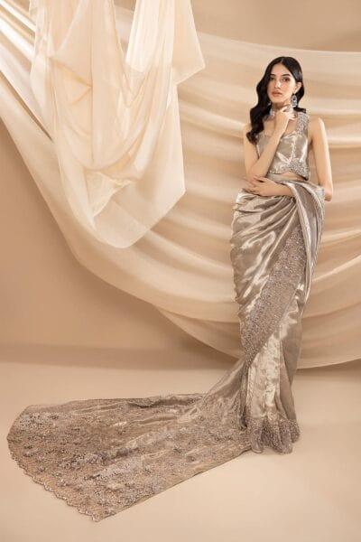 Nilofer Shahid - Metallic Grey & Silver Embellished Tissue Blouse with Tissue Saree - 2 Piece - Studio by TCS